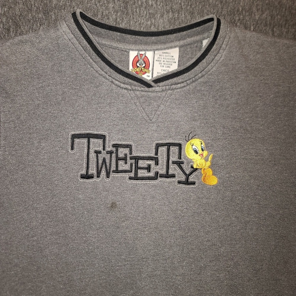 Looney Tunes Tweety Bird Sweatshirt Mens Small Gray Embroidered 2001 Vintage WB